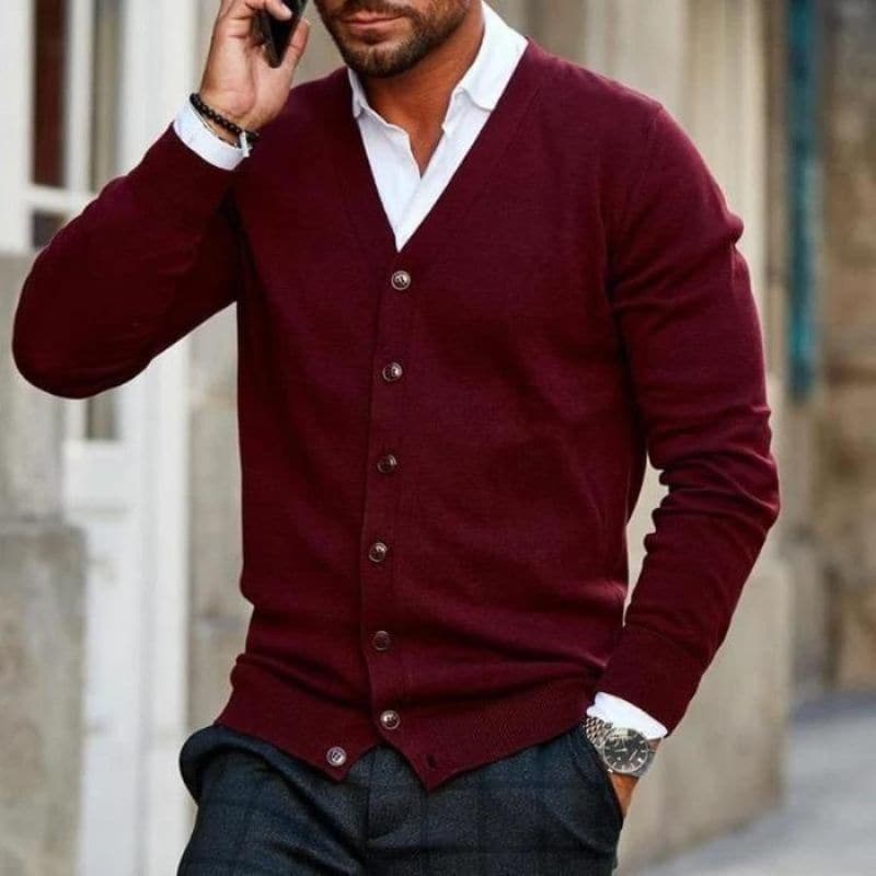 Men's Knitted Cardigan – V-neck – Cotton Blend – Regular Fit – Buttons – Ribbed Edges