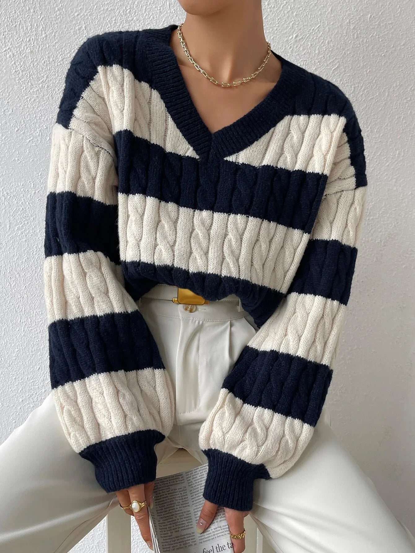 Olivia Cable-Knit Varsity Sweater | Striped Casual Sweater