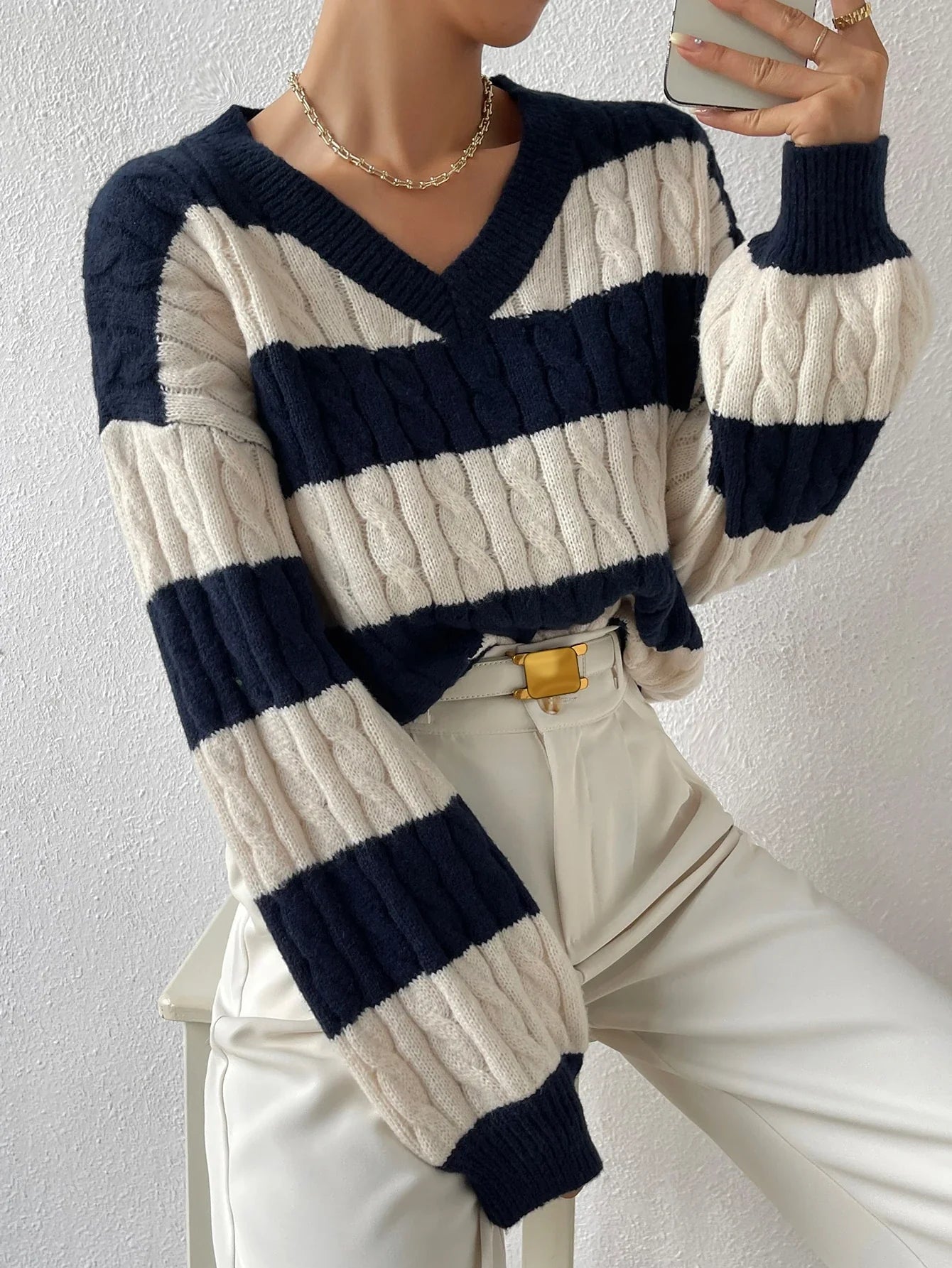 Olivia Cable-Knit Varsity Sweater | Striped Casual Sweater