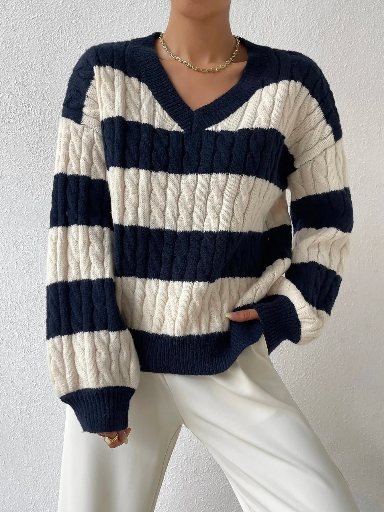 Olivia Cable-Knit Varsity Sweater | Striped Casual Sweater