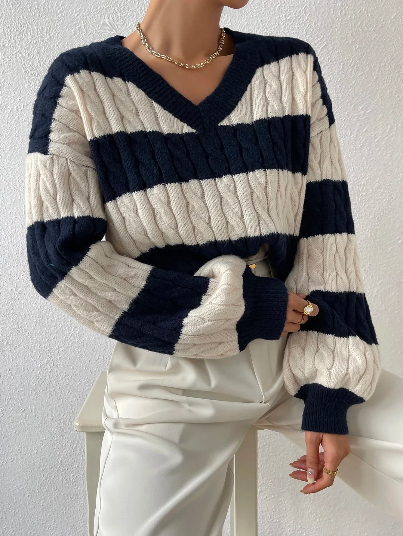 Olivia Cable-Knit Varsity Sweater | Striped Casual Sweater