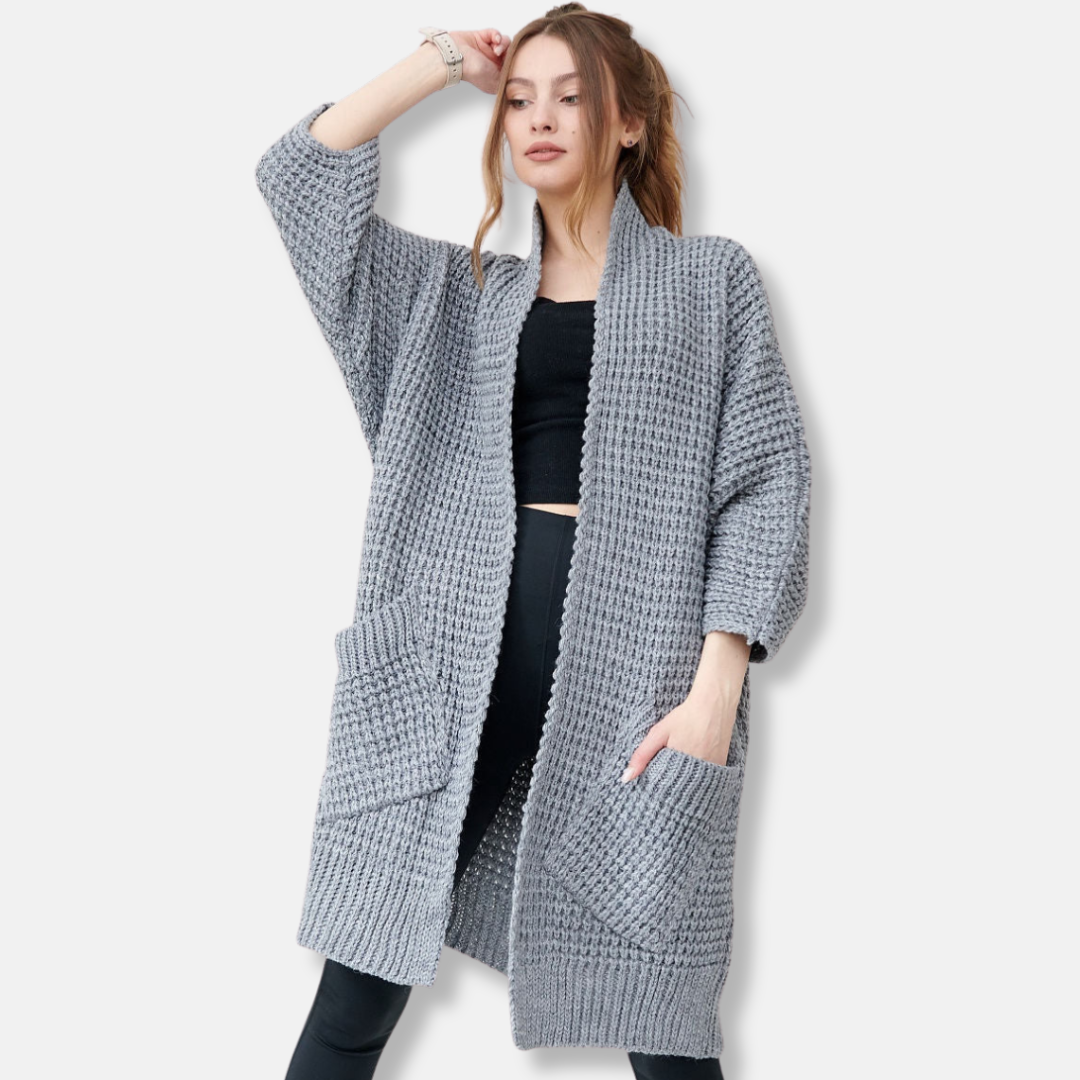 Women's Knitted Coat – Oversized Fit – Chunky Knit – Open Front – Patch Pockets