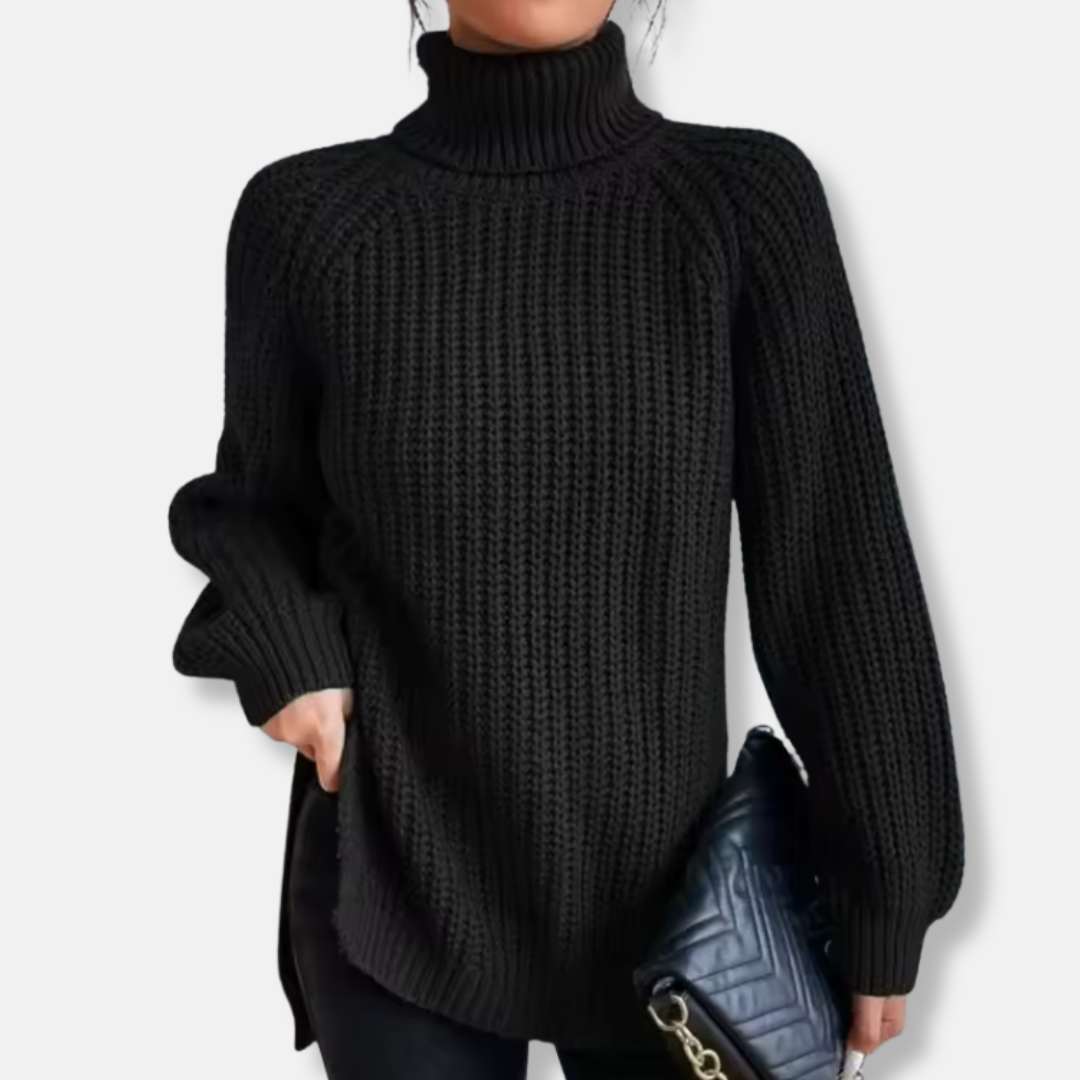 Women's sweater – Oversized fit – Chunky knit – Turtleneck – Raglan sleeves – Split hem