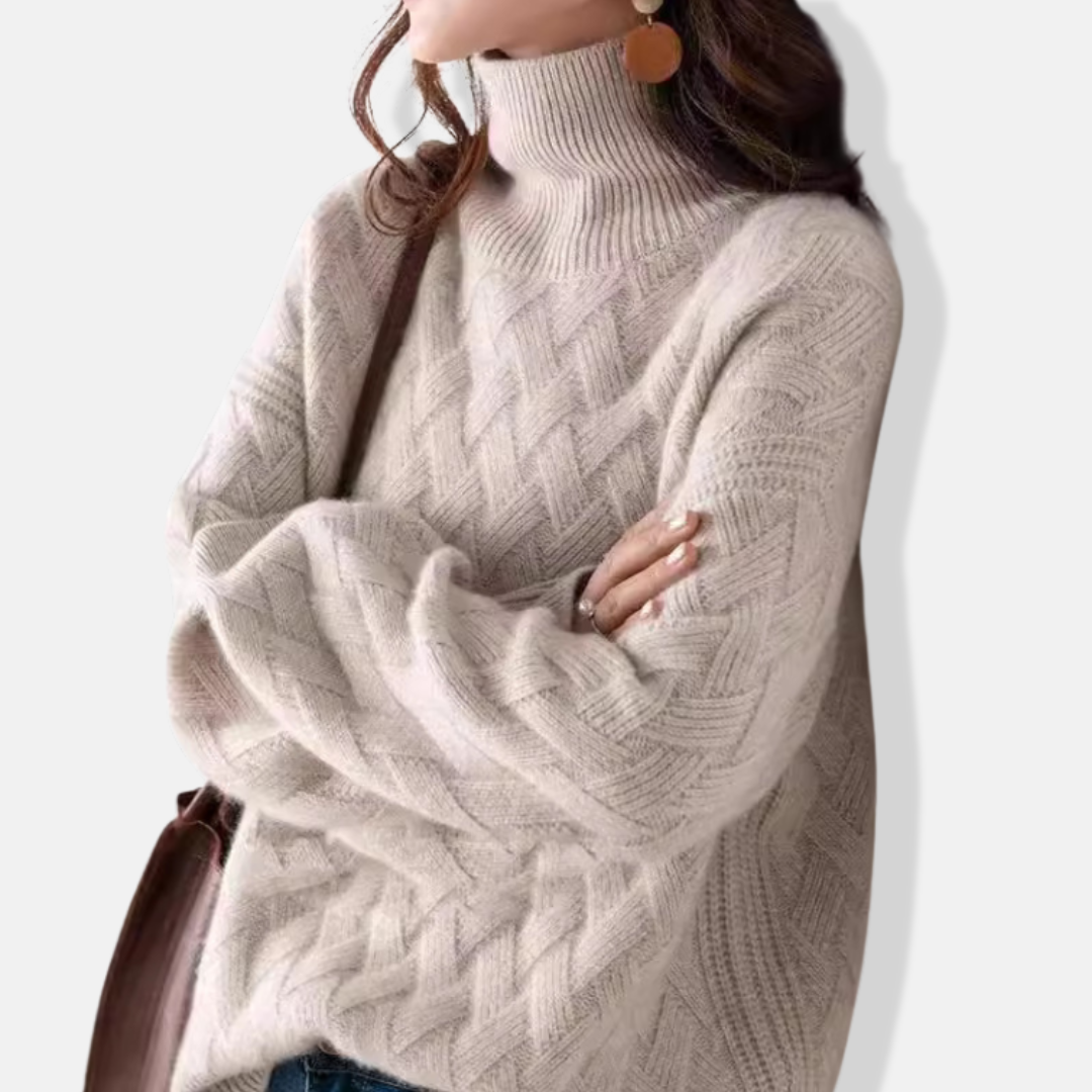 Ladies Pullover Sweater – Oversized Fit – Ribbed Turtleneck – Textured Knit
