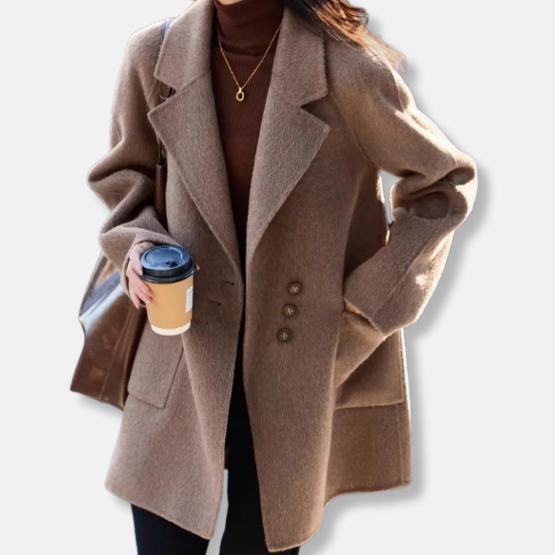 Ladies Coat – Wool Mix – Relaxed Fit – Double-breasted – Patch Pockets – Mid-length