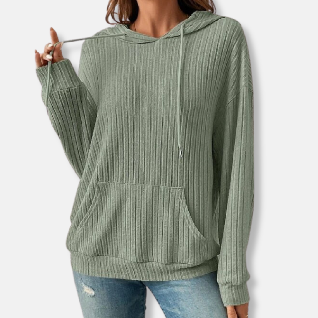 Women's Hoodie Sweater – Relaxed Fit – Ribbed Knit Fabric – Kangaroo Pocket – Drawstring Hood