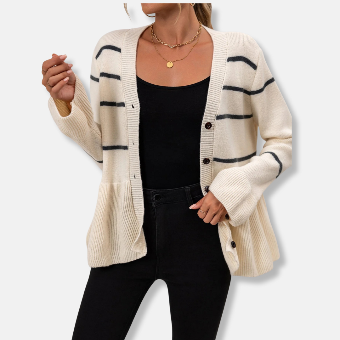 Women's Cardigan – V-neck – Loose-fitting – Knitted – Peplum Hem – Ribbed Edges – Striped
