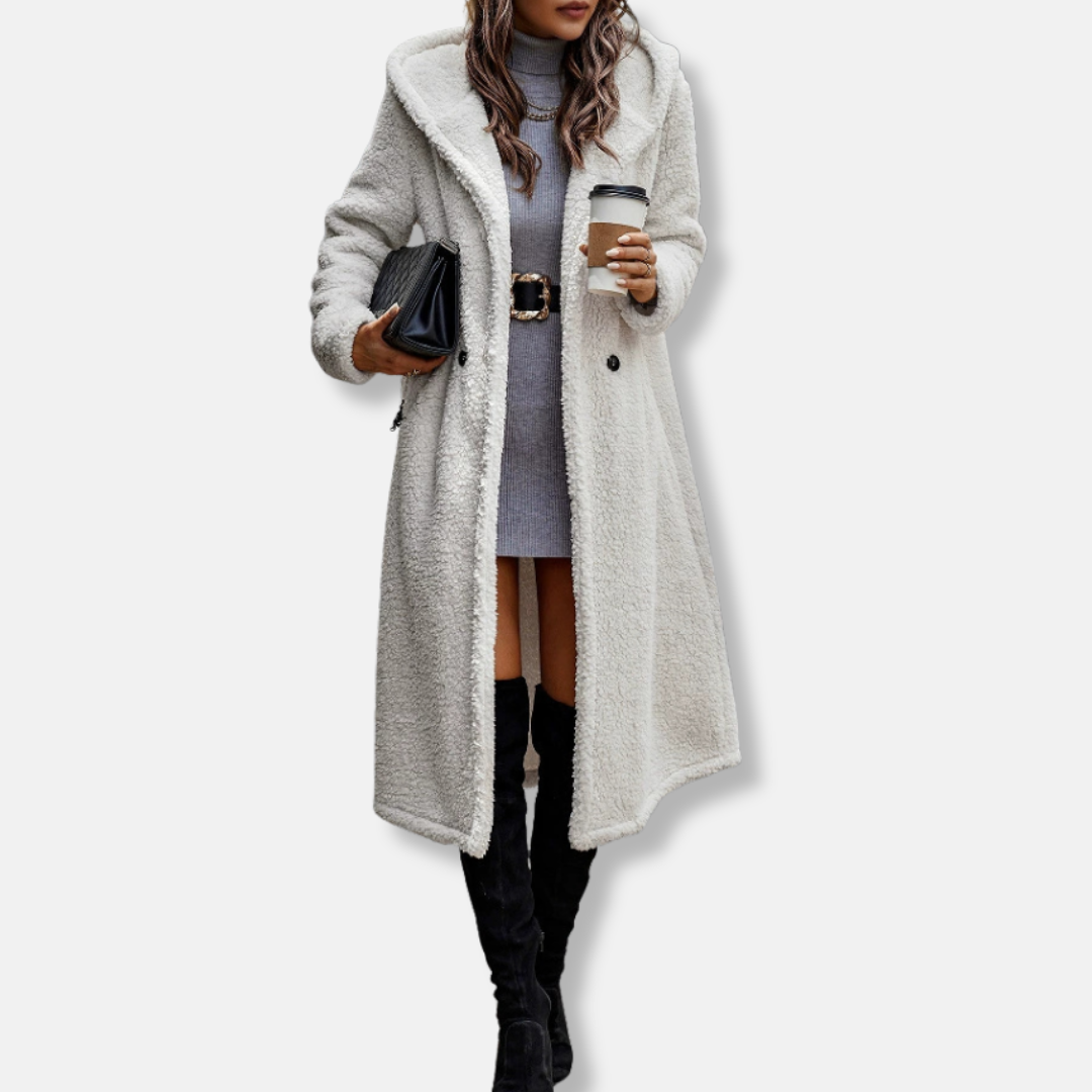Women's Long Coat – Relaxed Fit – Soft Texture – Hood – Notched Collar – 2-Button Closure