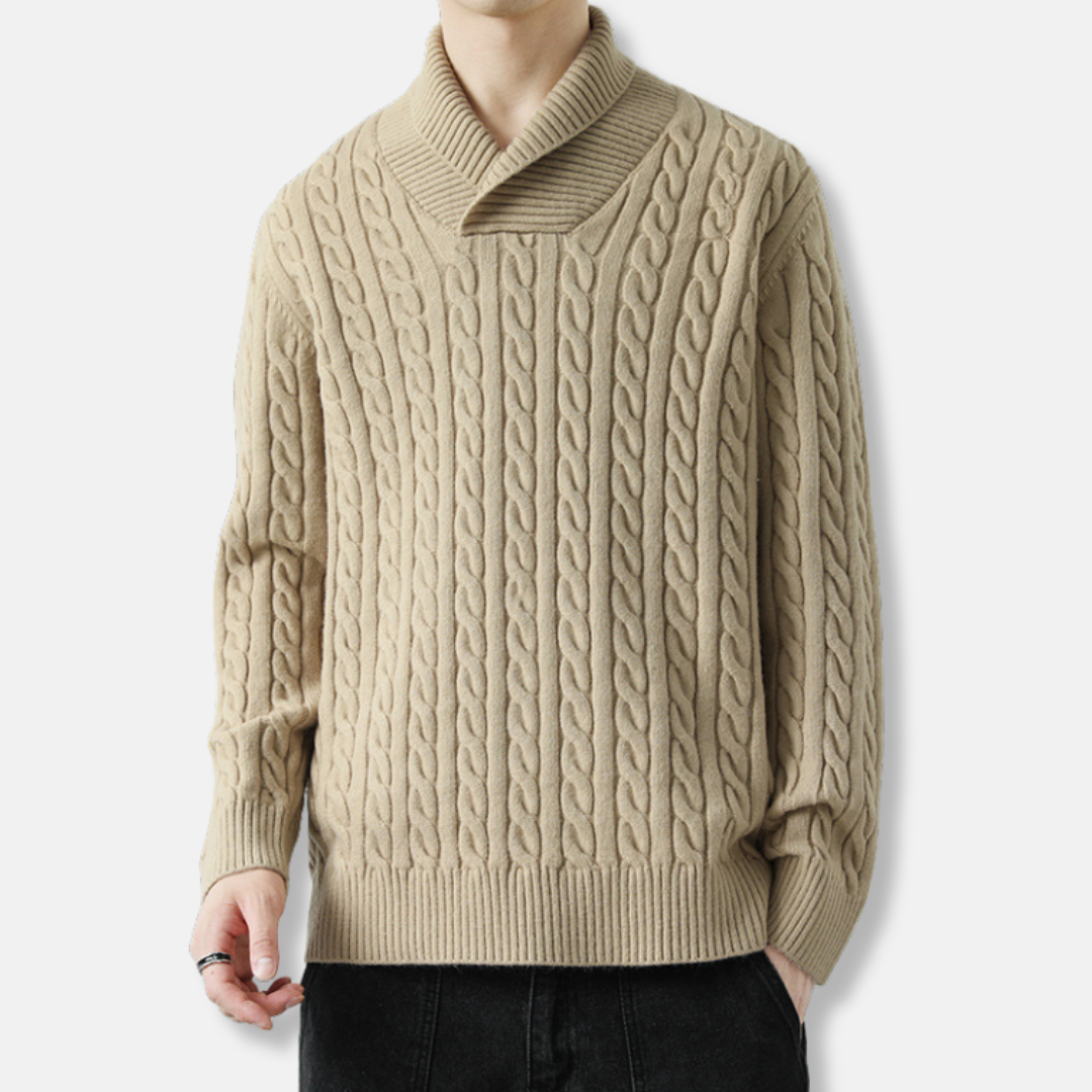 Men's Sweater - Wool Blend - Shawl Collar - Cable Pattern - Ribbed Edges