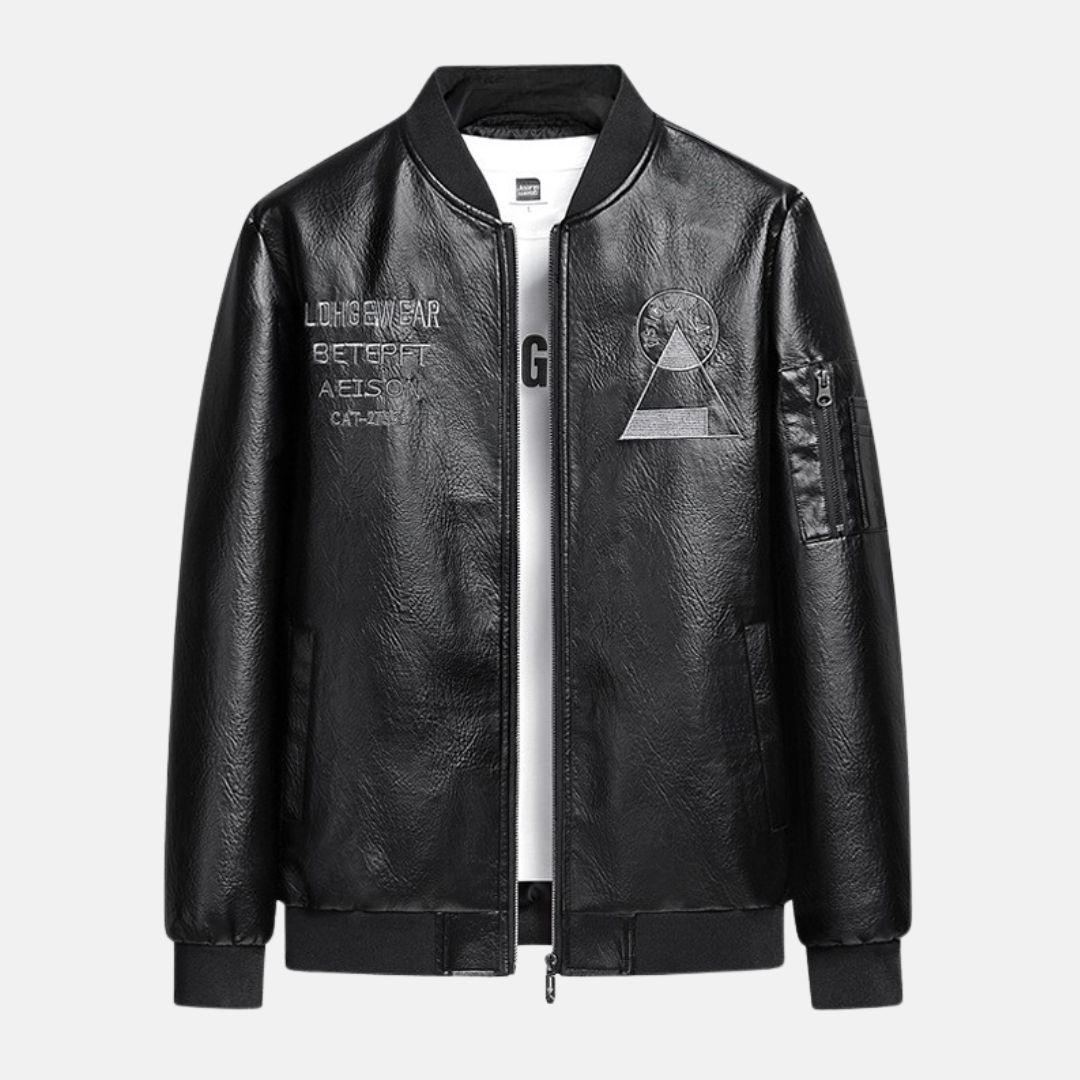 Men's Bomber Jacket – Leather Look – Embroidered Back – Ribbed Cuffs – Zip and Sleeve Pocket