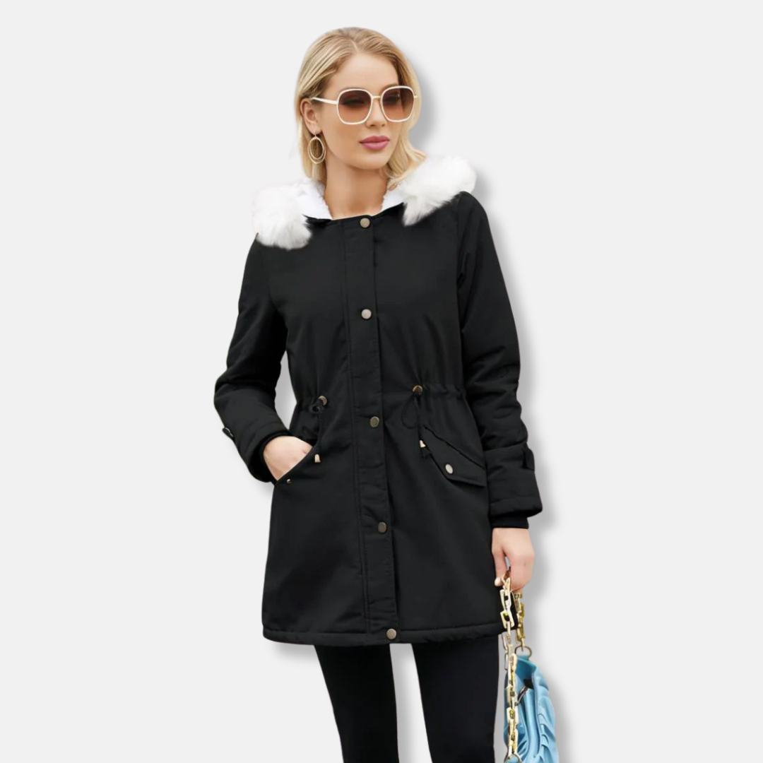 Ladies parka coat – Relaxed fit – Adjustable waist – Detachable faux-fur collar – Lined – Mid-length