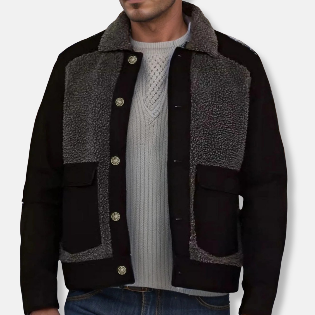 Men's trucker jacket – Regular fit – Sherpa collar – Patchwork design – Hip-length model
