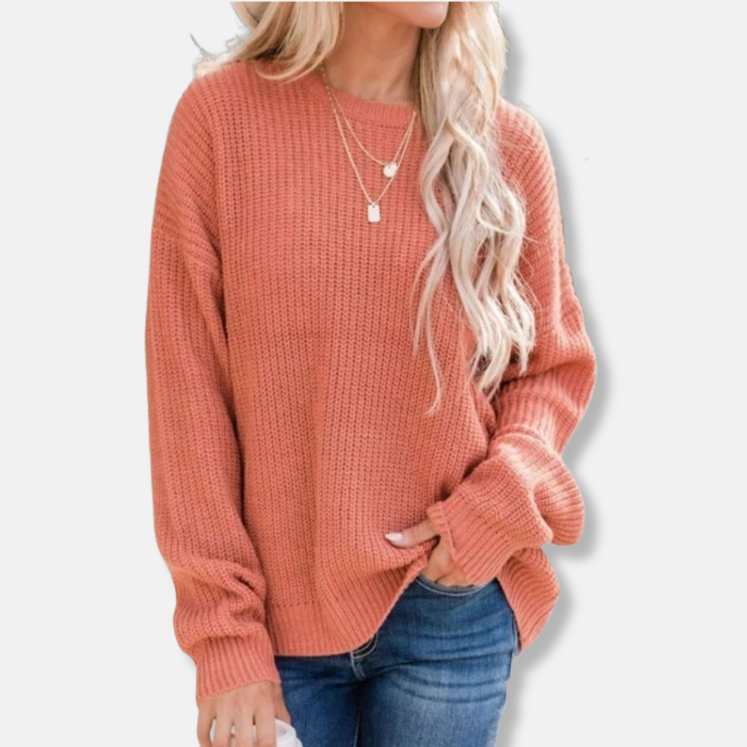 Women's Sweater – Knitted – Ribbed Texture – Relaxed Fit – Long Sleeves – Round Neck