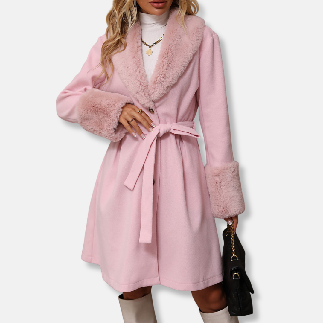 Women's trench coat – Tailored fit – Wool blend – Mid-length – With fur collar and cuffs