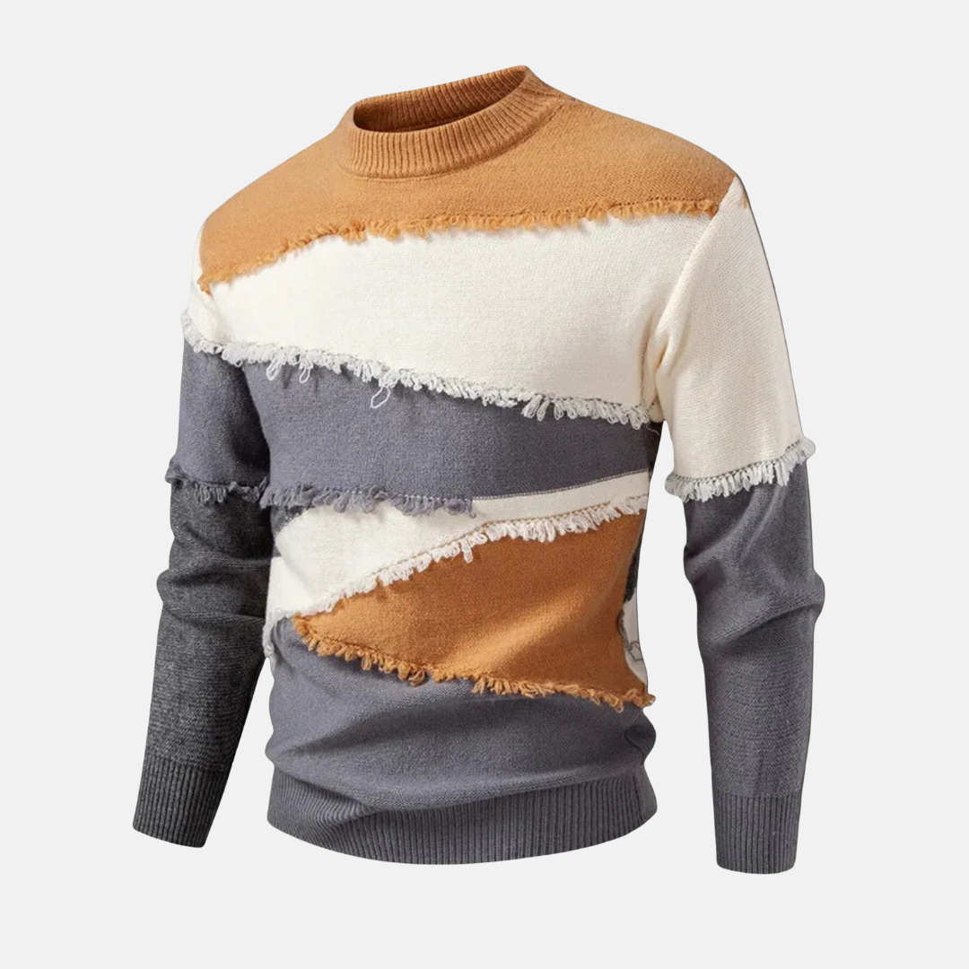 Men's Sweatshirt – Regular Fit – Half Turtleneck – Cotton Blend – Colorblock with Frayed Edges
