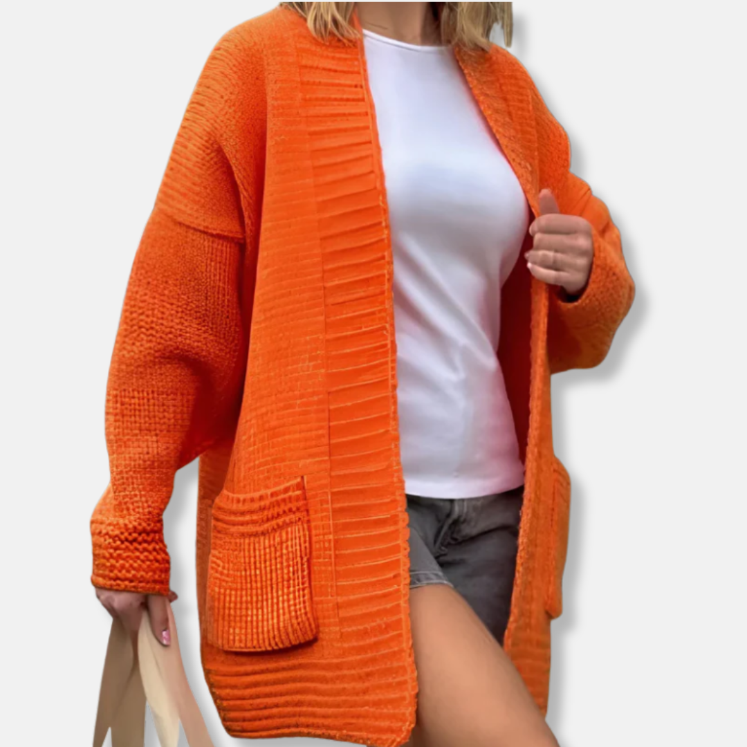 Ladies Cardigan Long Model – Knitted Fabric – Oversized Fit – Open Front with Pockets