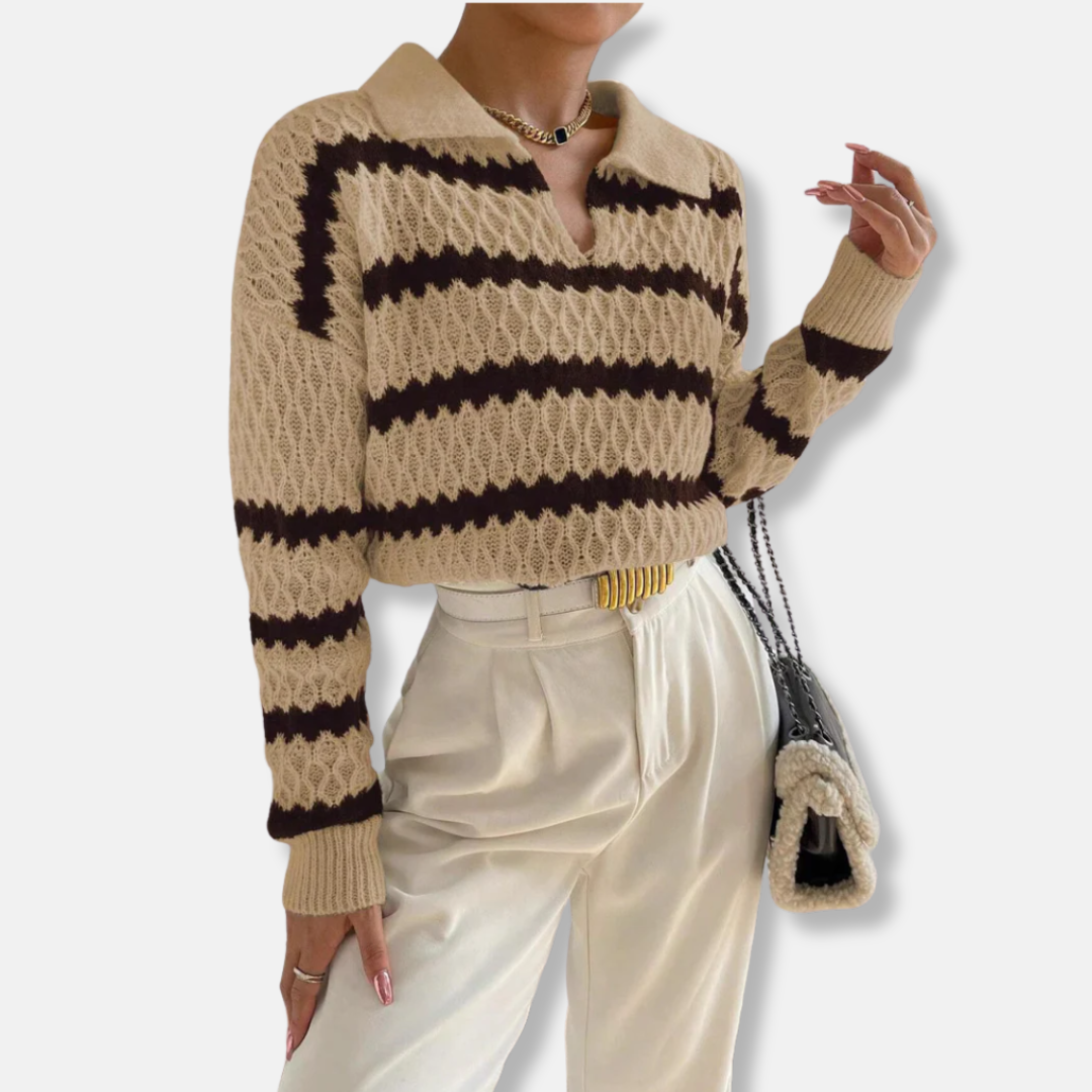 Women's Sweater - Knitted Fabric - Polo Collar - Comfortable Fit - Cropped Length