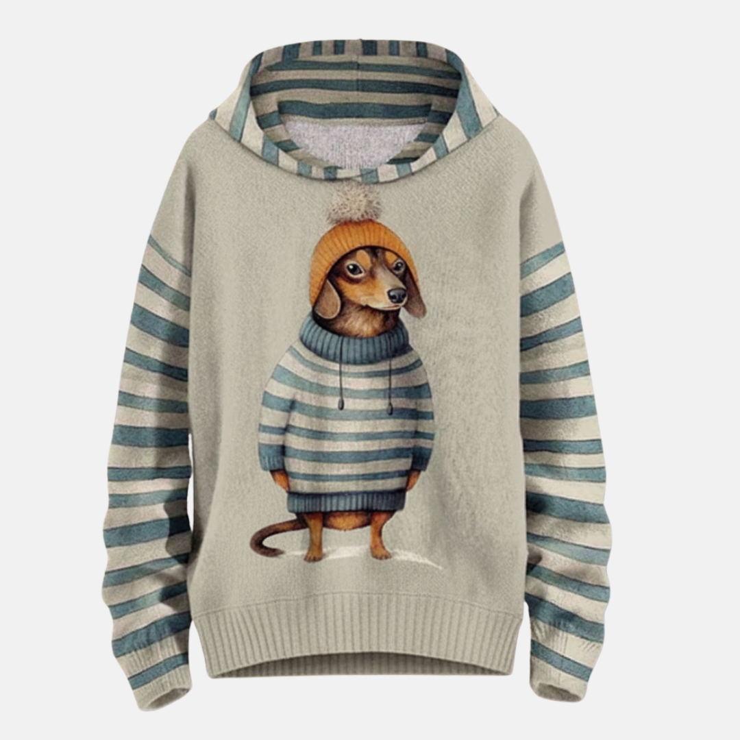Women's hoodie – Relaxed fit – Cartoon dog print – Striped sleeves