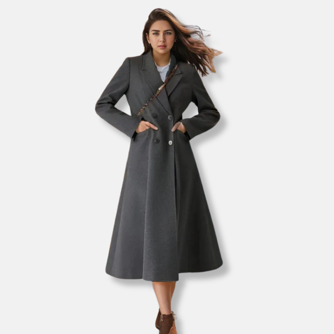 Long Women's Coat – Tailored Fit – Wool Blend – A-line Model – Double Button Row – Classic Lapel Collar
