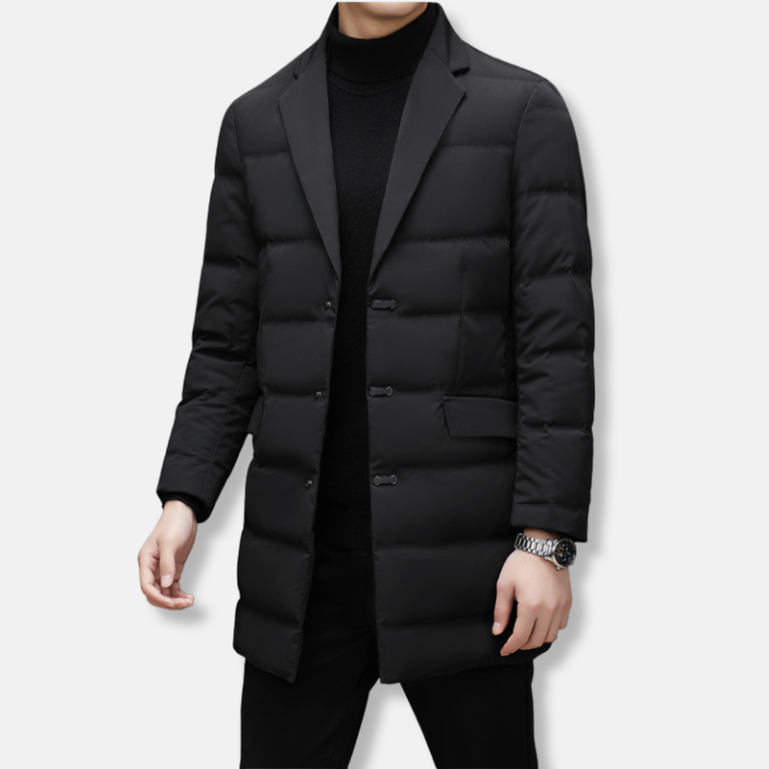 Men's Down Jacket – Mid-Length – Padded – Regular Fit – Notched Collar – Button Closure