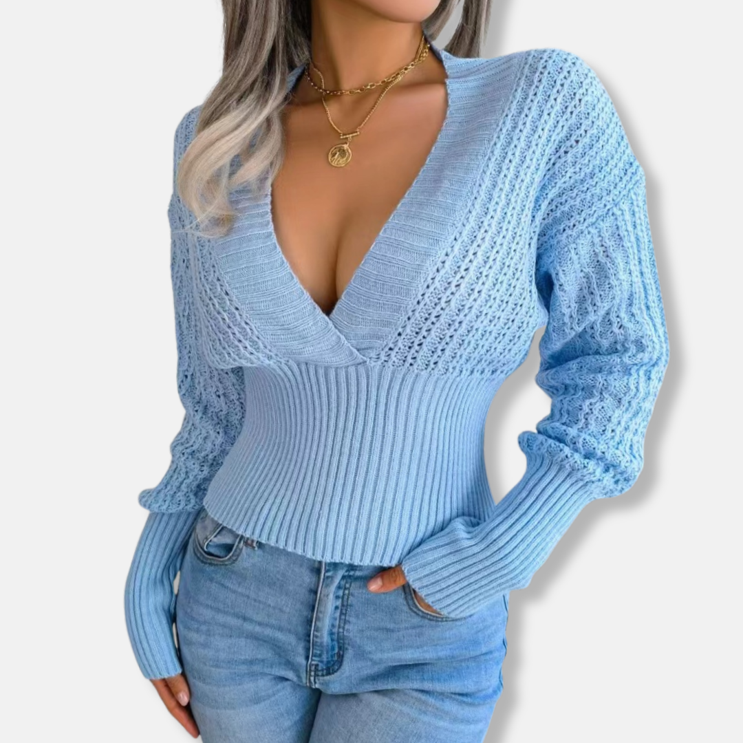 Women's Knit Top – Slim Fit – Deep V-Neck – Ribbed Edges – Open-Knit Sleeves