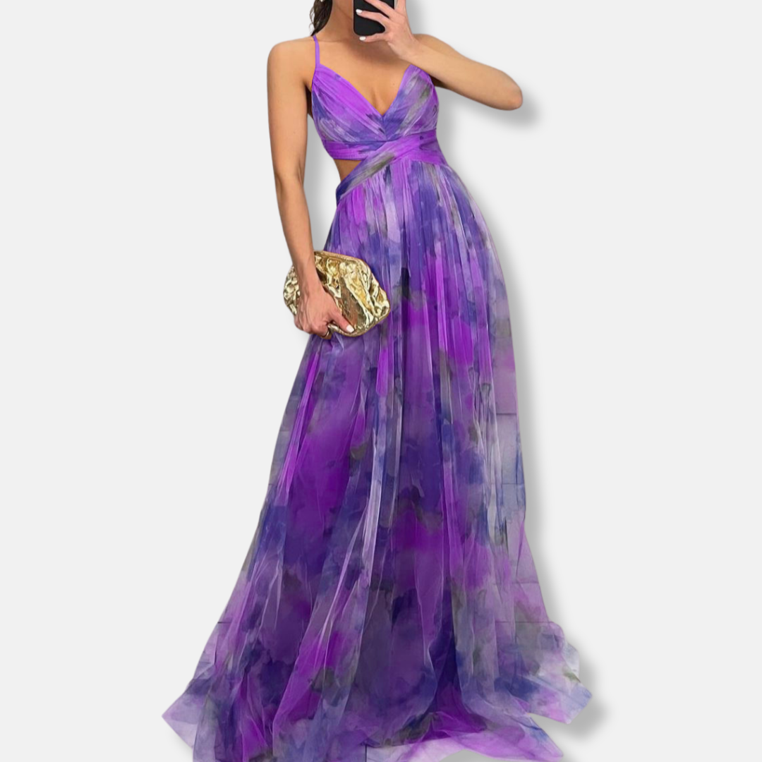 Evening dress for women - Flowing silhouette - V-neck - Bold floral motif