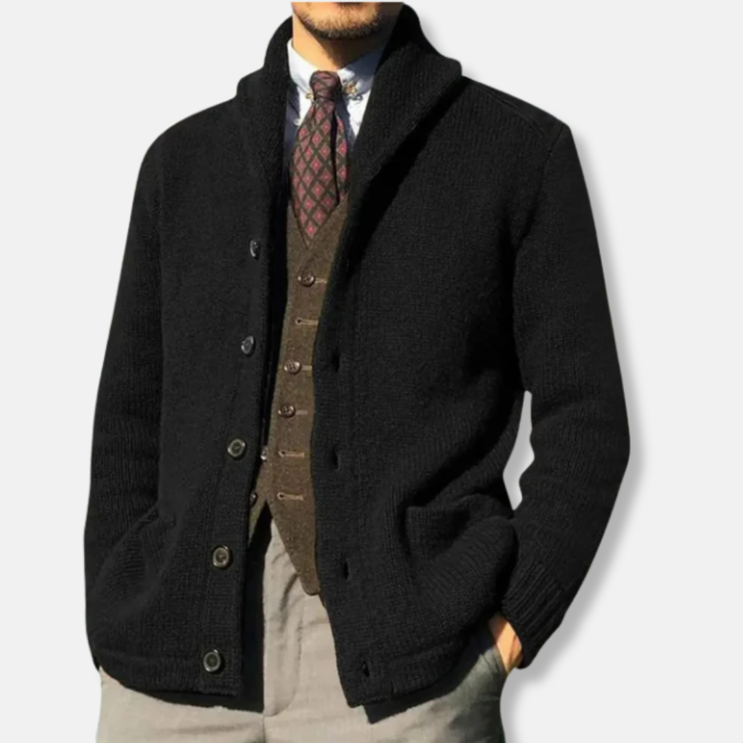 Men's Cardigan – Regular Fit – Knitted – Shawl Collar – Buttons – Ribbed Cuffs – Side Pockets
