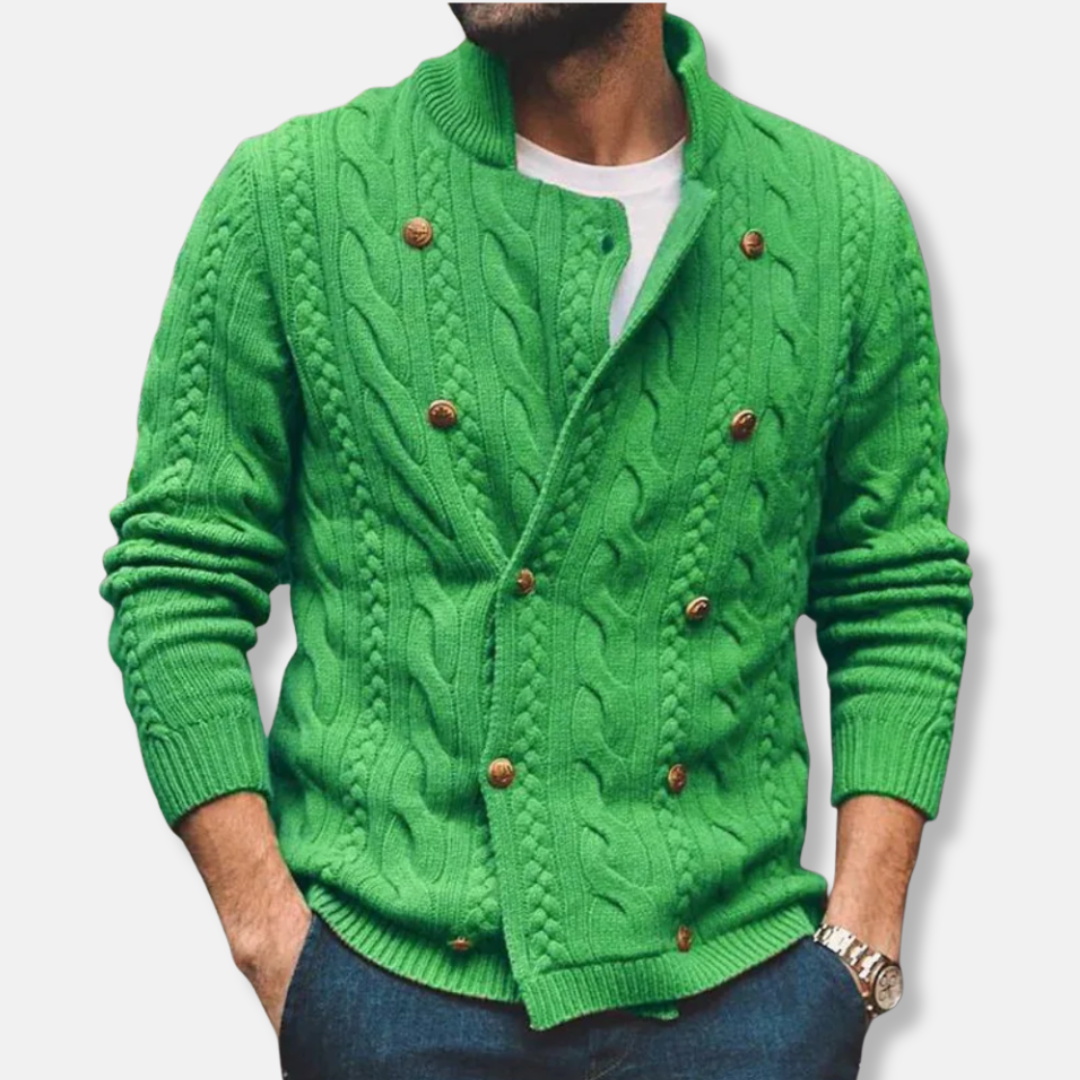 Men's Cardigan – Wool Knit – Cable Pattern – Double Row Button Closure – Ribbed Edges