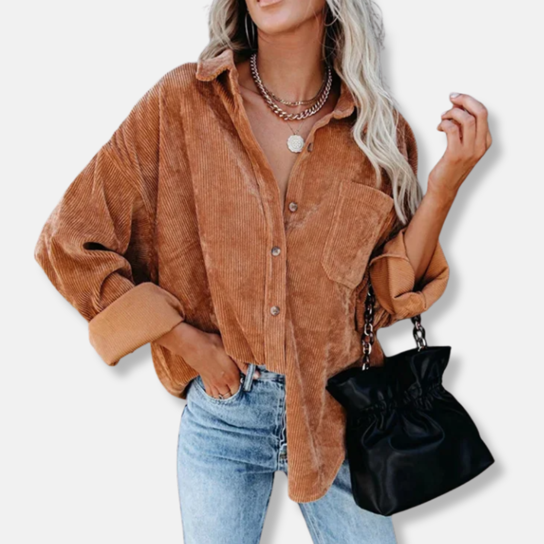 Women's Blouse - Corduroy - Shirt Collar - Oversized - Long Sleeves