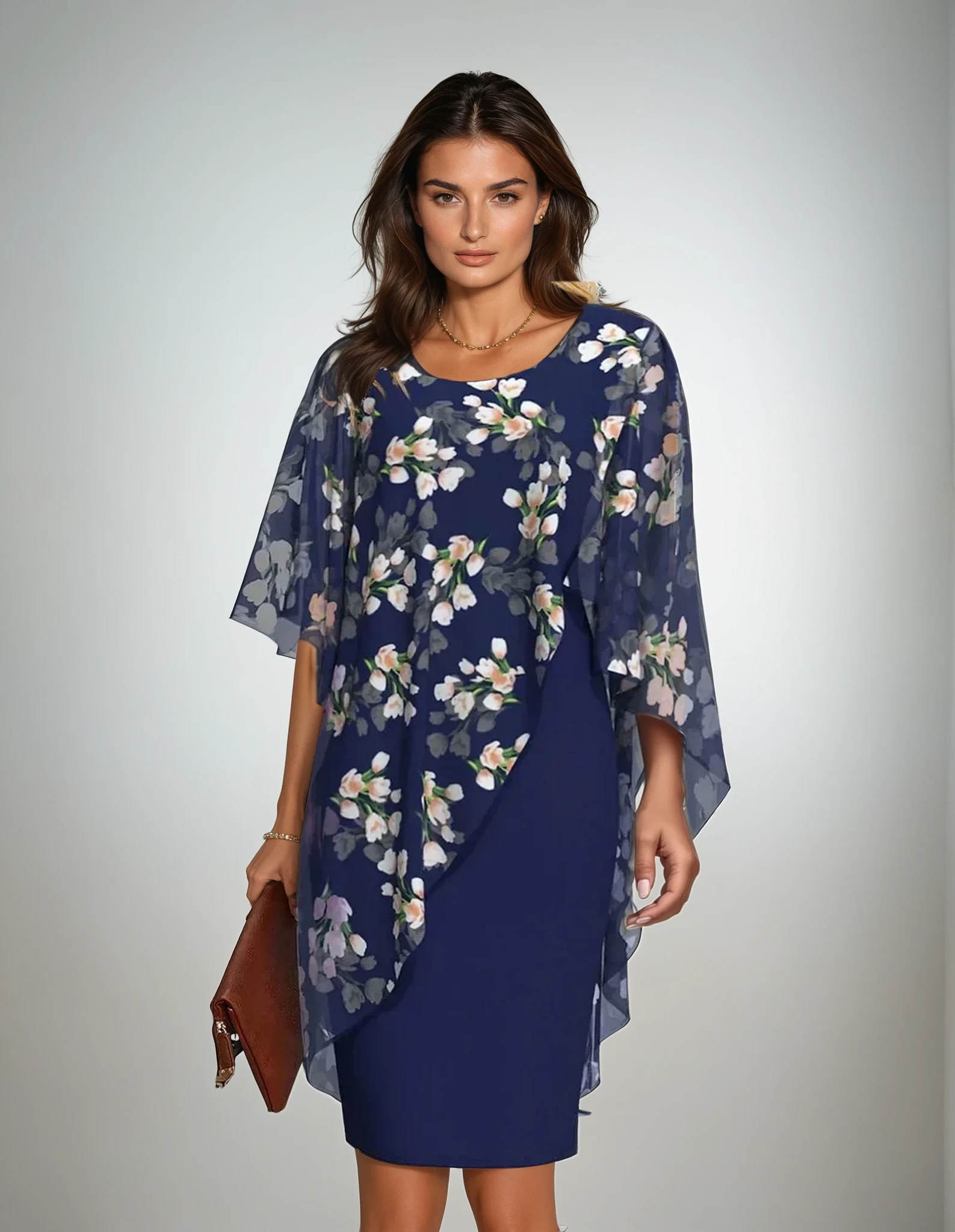 Midi Dress with Floral Print and Cape Detail for women