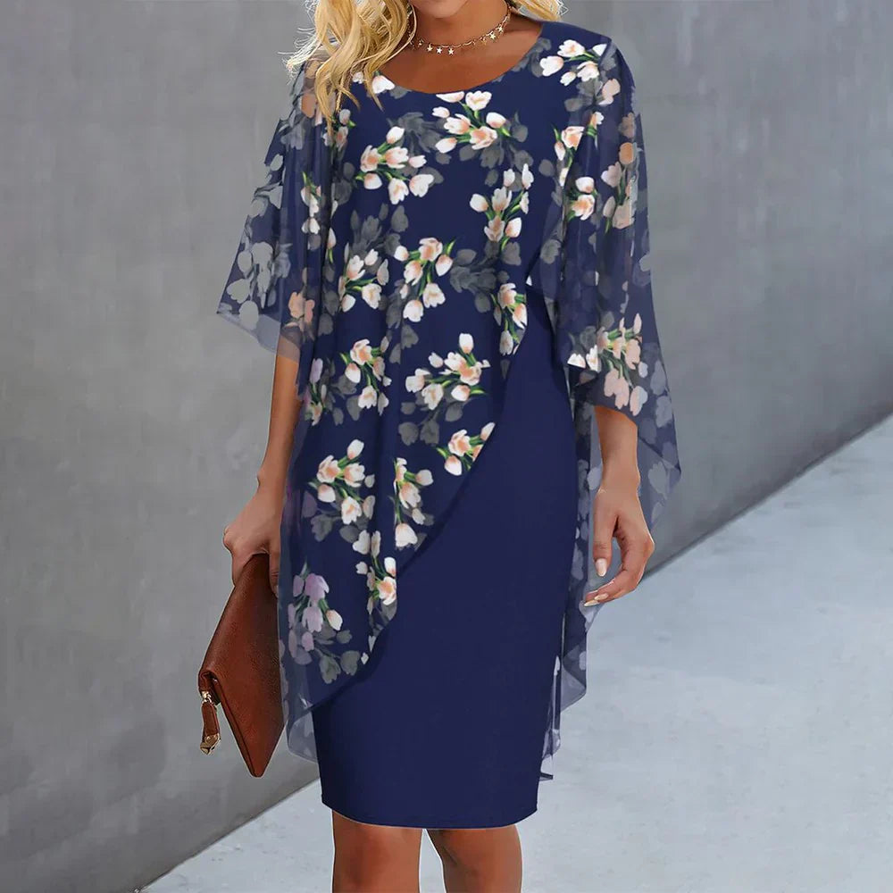 Midi Dress with Floral Print and Cape Detail for women