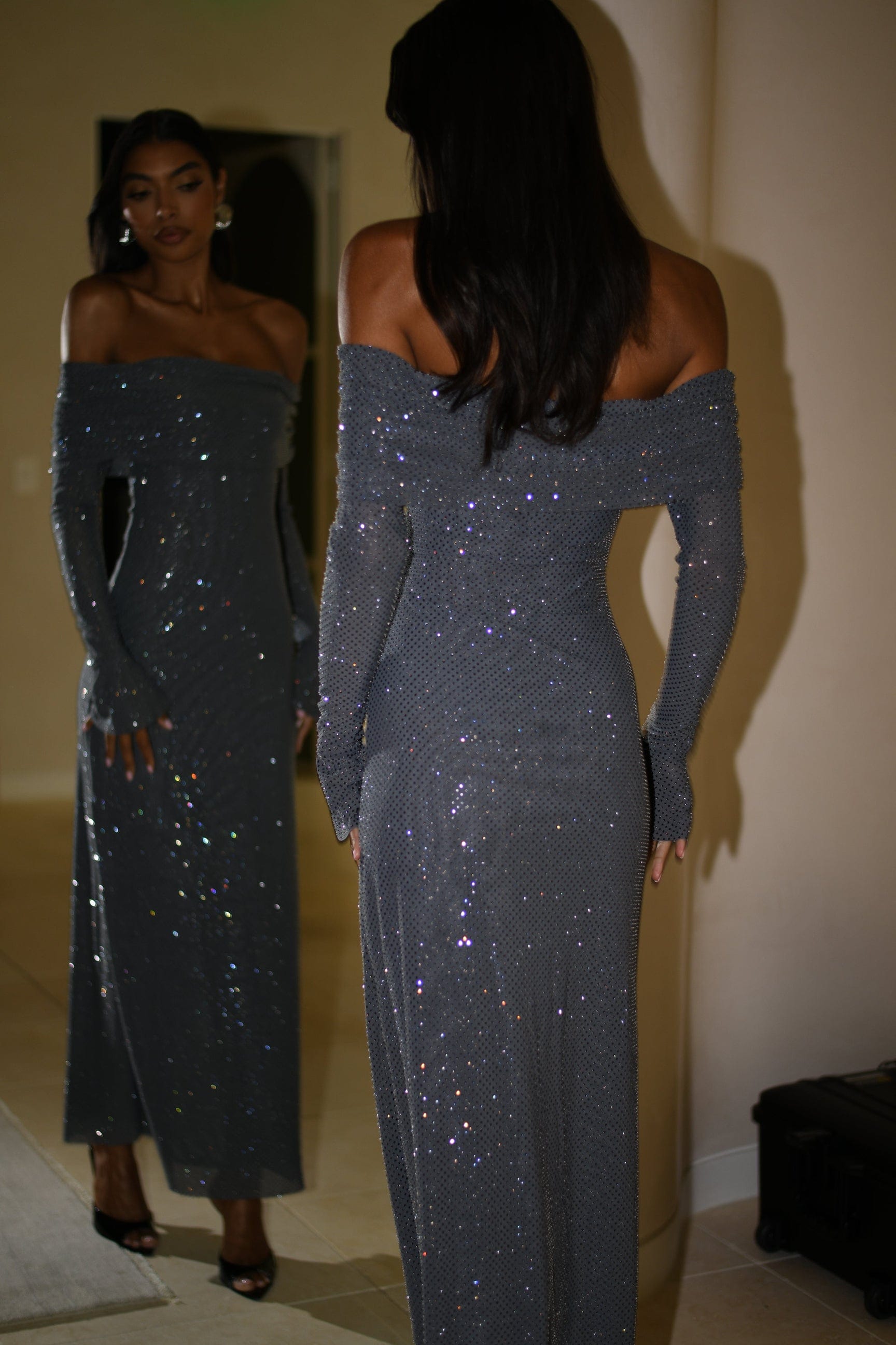 Sparkling Long Dress with Shoulder Pieces