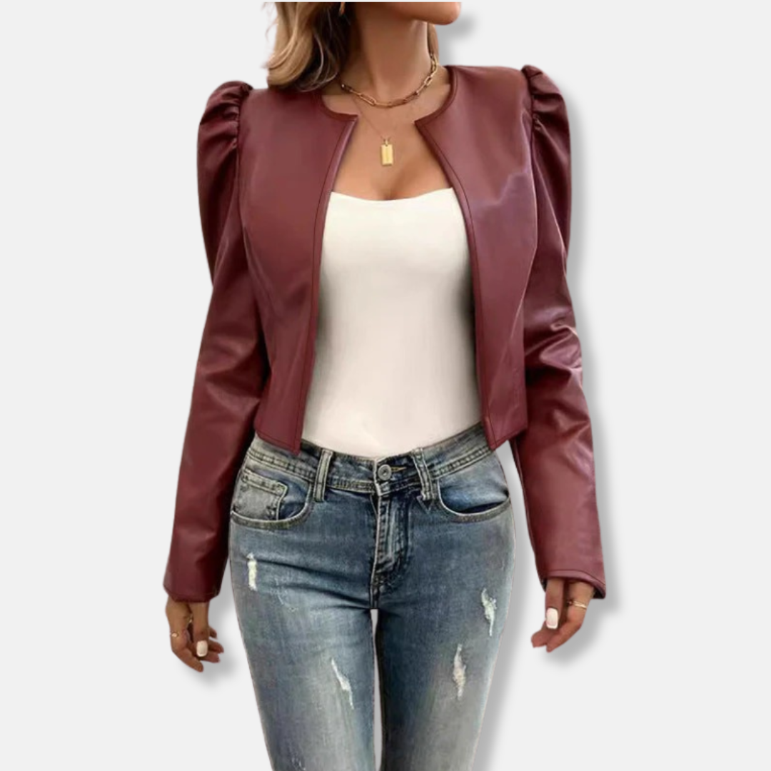 Ladies Blazer - Woven Fabric - Cropped - Collarless Neck - Puff Sleeves