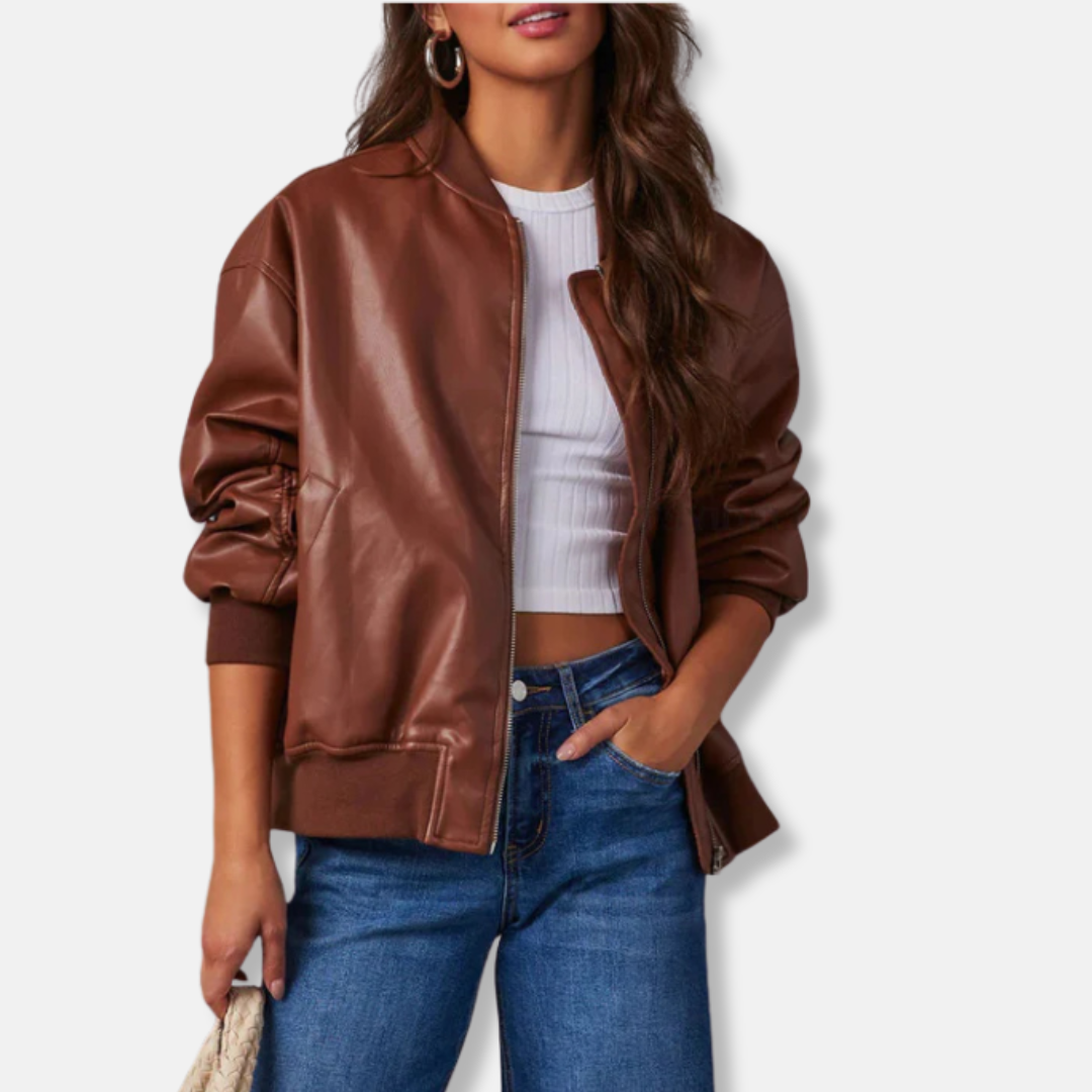 Women's leather bomber jacket – Oversized fit – Ribbed trims – Front zip fastening