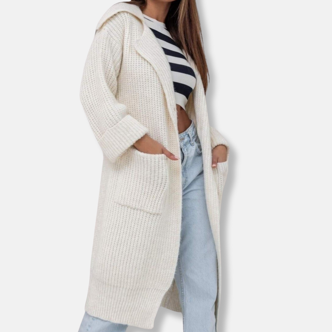 Women's long knitted coat – Oversized fit – Wool – With hood and pockets