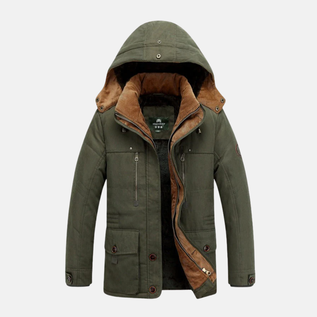 Men's Parka Jacket – Mid-Length – Padded and Insulated – Hood – Multiple Pockets