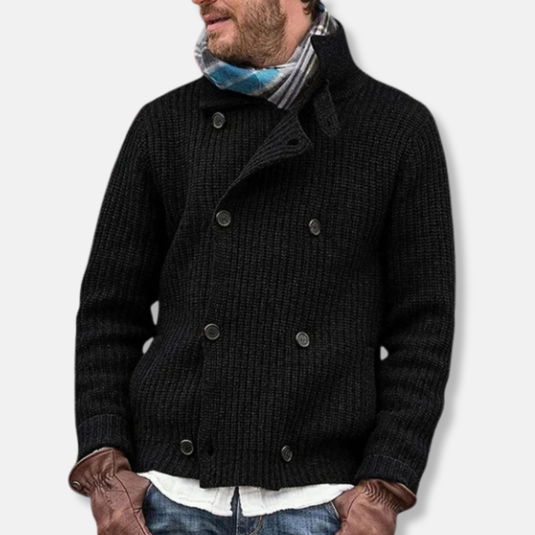 Men's Jacket - Knitted - High Collar - Double-Breasted Closure - Ribbed Trim