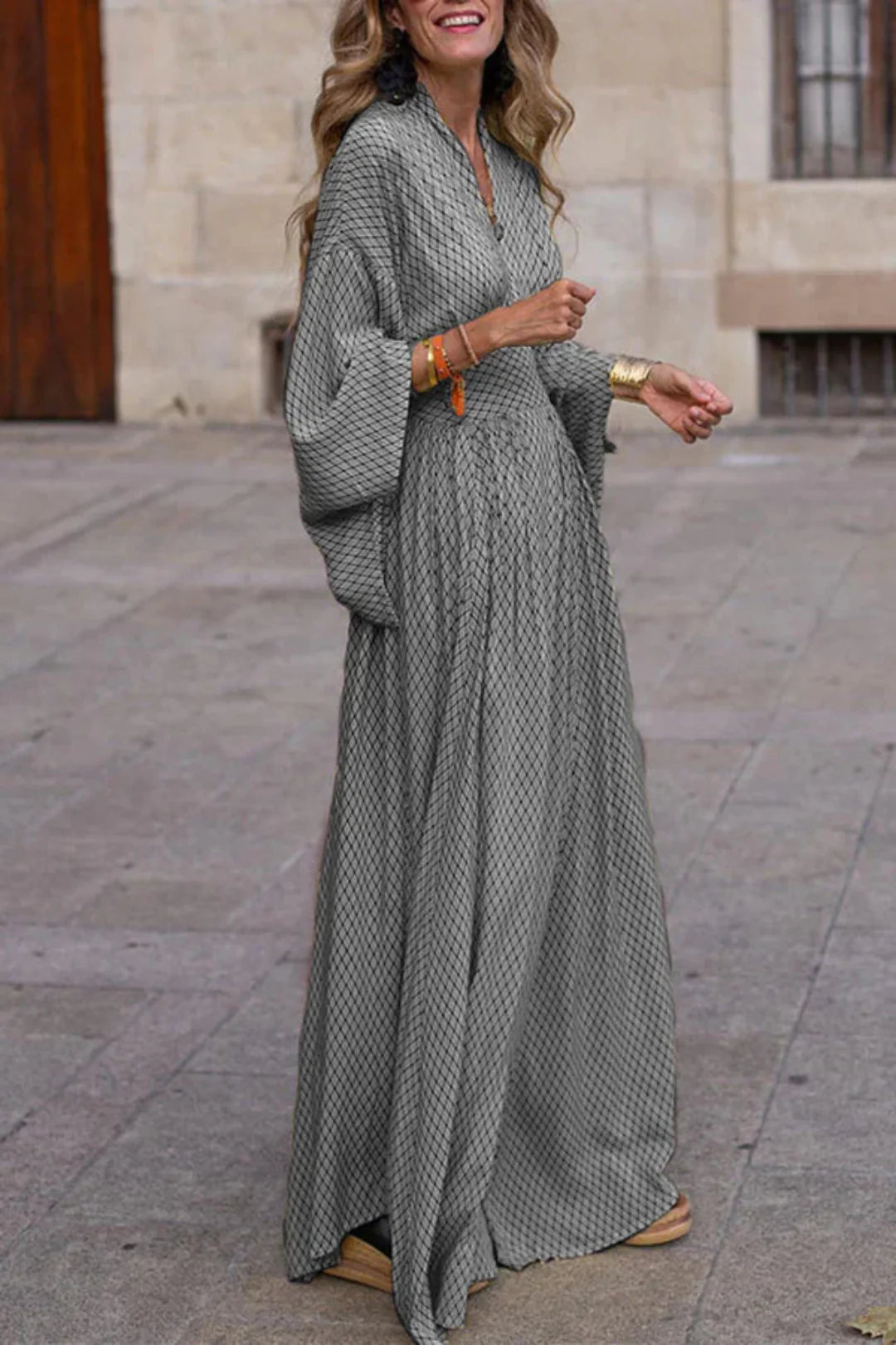 Maxi Dress with Geometric Print, V-Neck and Long Sleeves