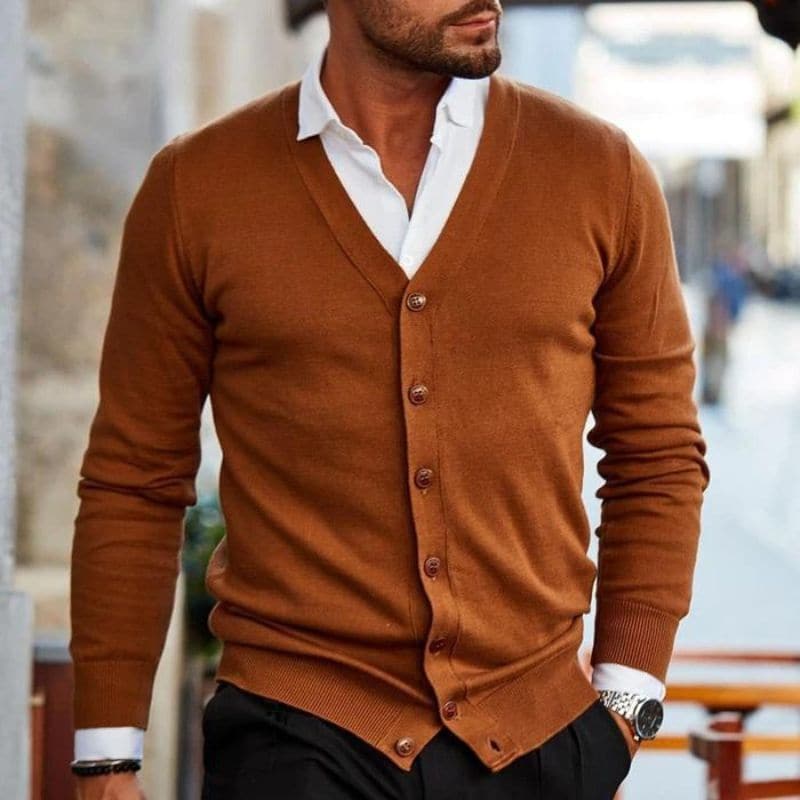 Men's Knitted Cardigan – V-neck – Cotton Blend – Regular Fit – Buttons – Ribbed Edges