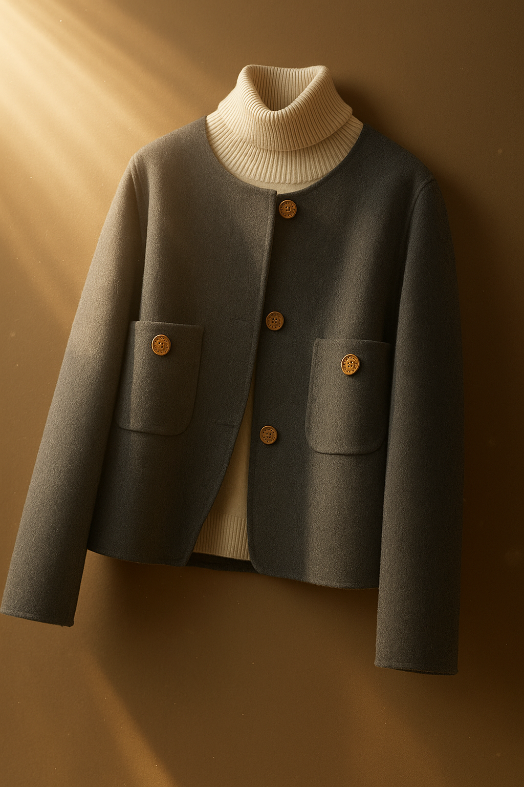 Ladies Coat – Wool Mix – Cropped Model – Relaxed Structure – Collarless Round Neck Design