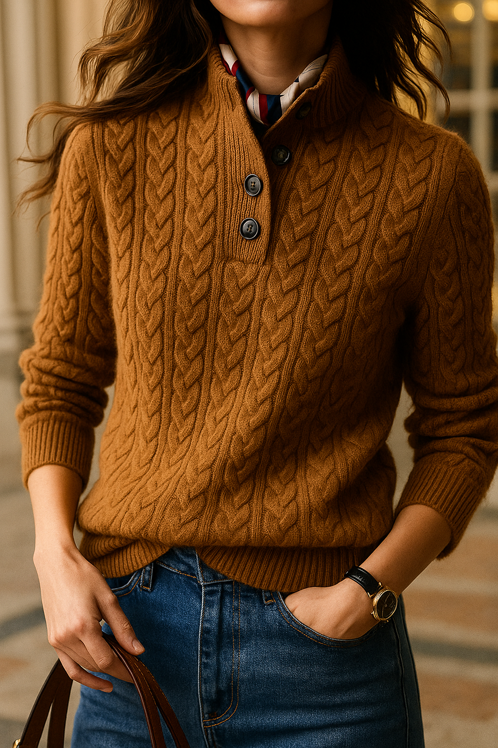Ladies Pullover - Soft Knit Fabric - Funnel Neck - Cable Pattern