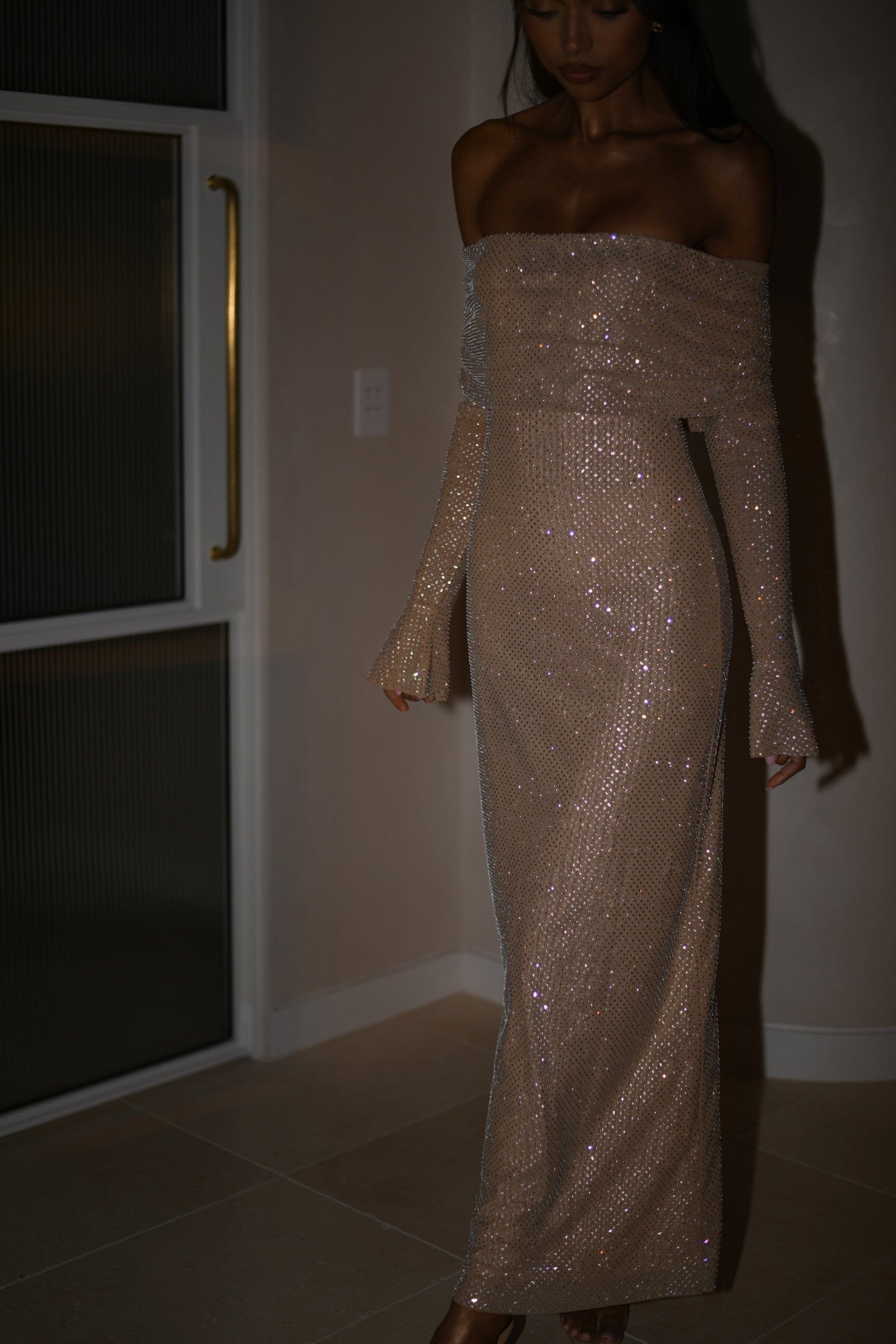 Sparkling Long Dress with Shoulder Pieces