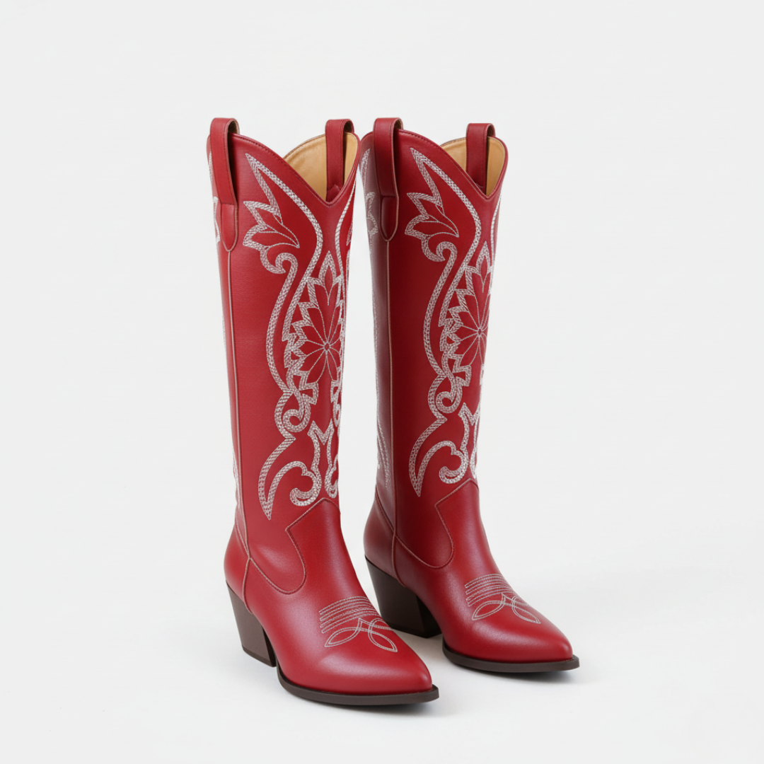 Ladies Knee-High Boots - Faux Leather - Embroidered Western Motif - Pointed Toe