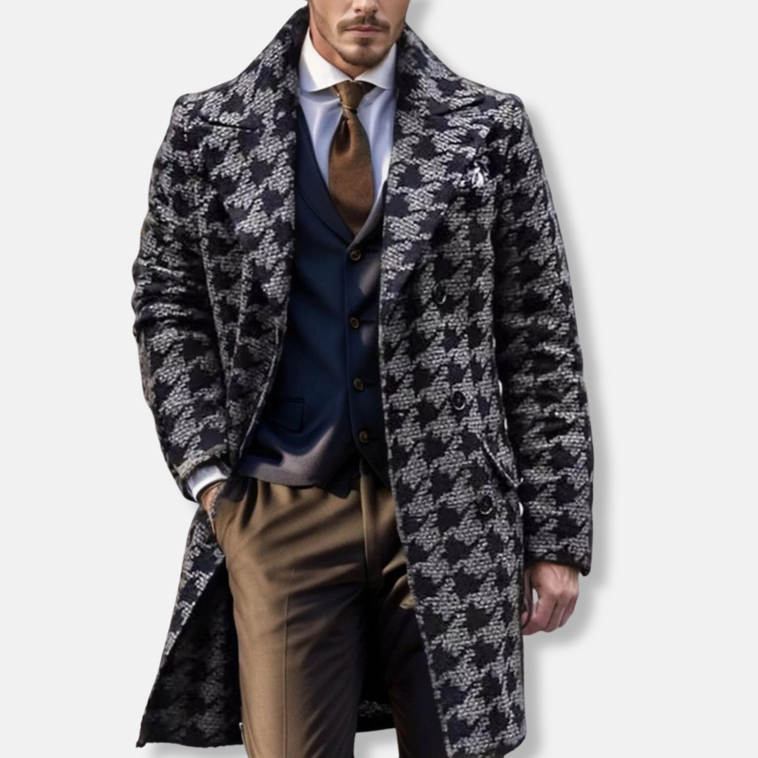 Men's Overcoat– Woolblend – Tailored fit – Geometric pattern – Mid-length
