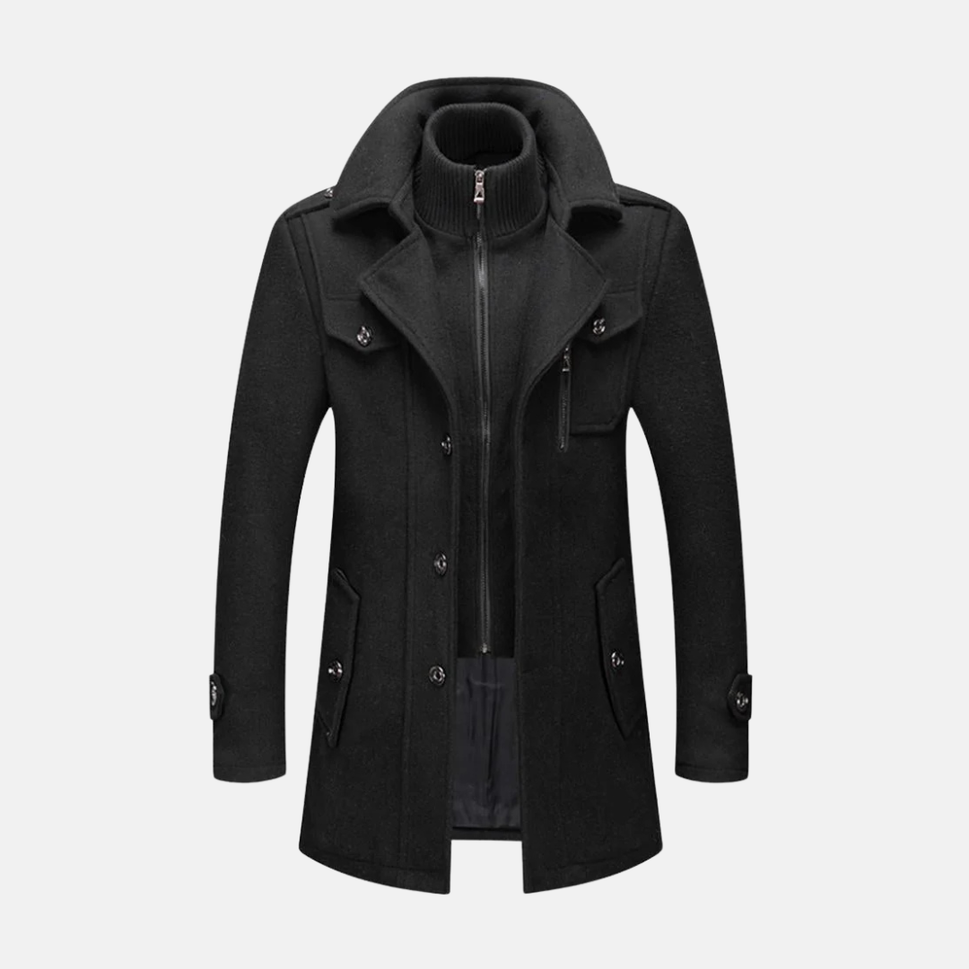Men's Coat – Slim Fit Wool – Double Collar with Zipper Closure – Epaulettes and Pocket Details