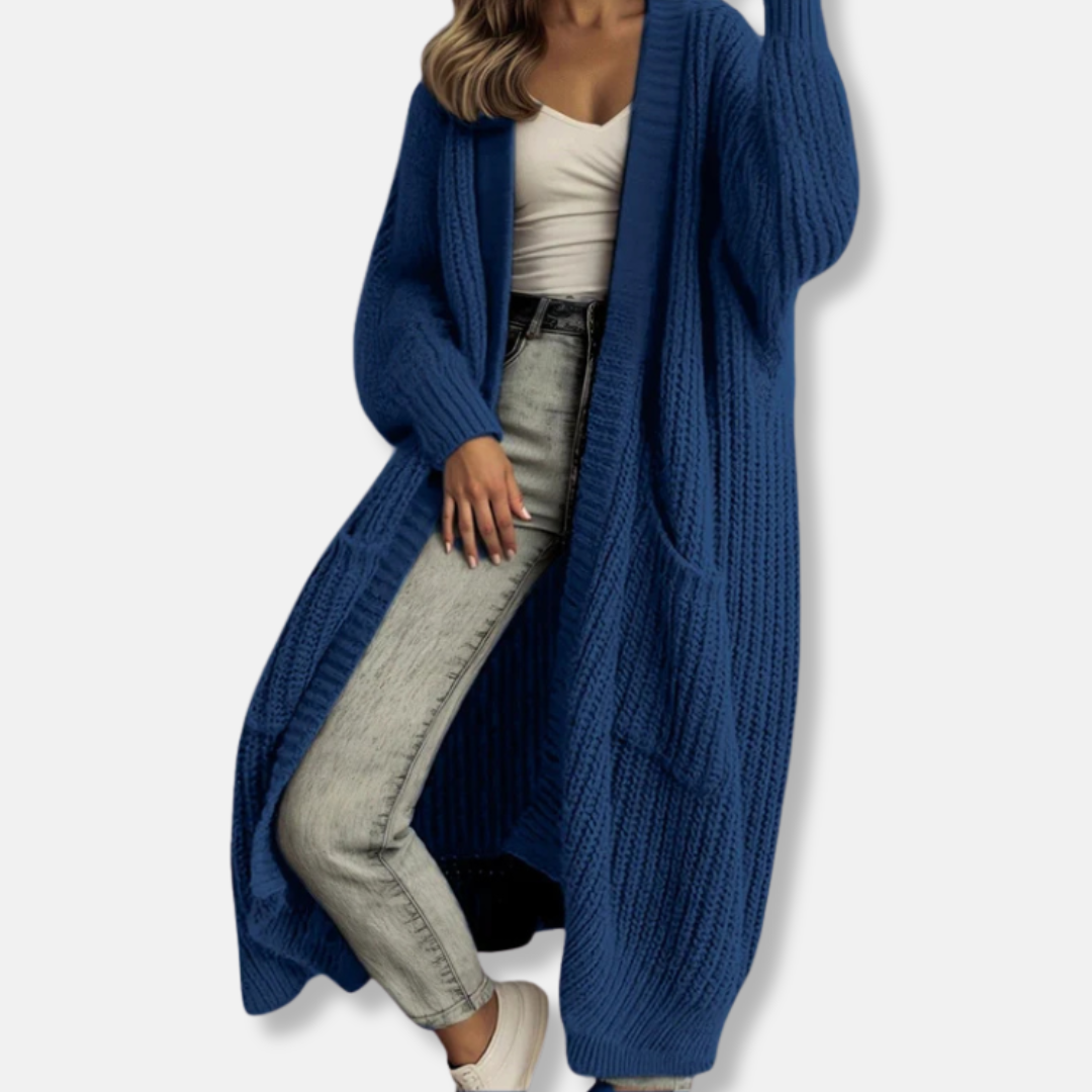 Women's long cardigan – Oversized fit – Chunky ribbed knit – Open front with pockets