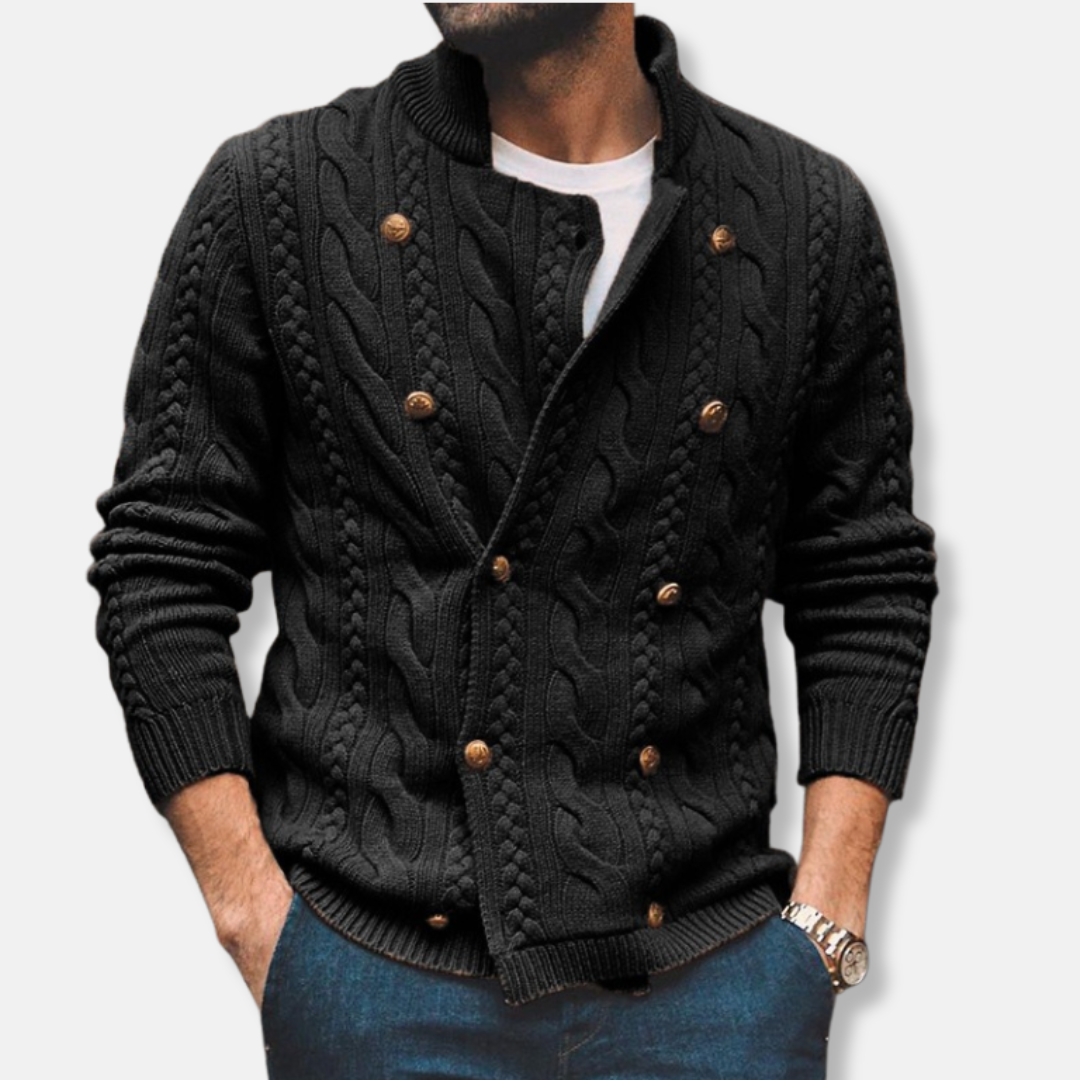 Men's Cardigan – Wool Knit – Cable Pattern – Double Row Button Closure – Ribbed Edges