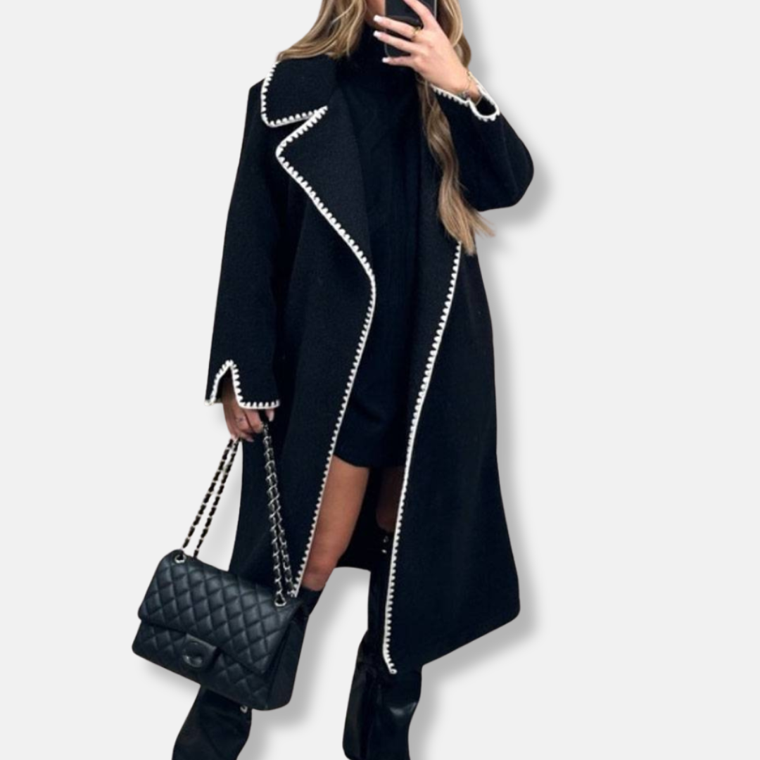 Women's Long Coat – Loose Fit – Wool Blend – Classic Lapels – Scalloped Finish