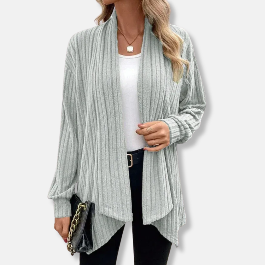 Women's Cardigan – Relaxed Fit – Ribbed – Open Waterfall Front – Asymmetrical Hem