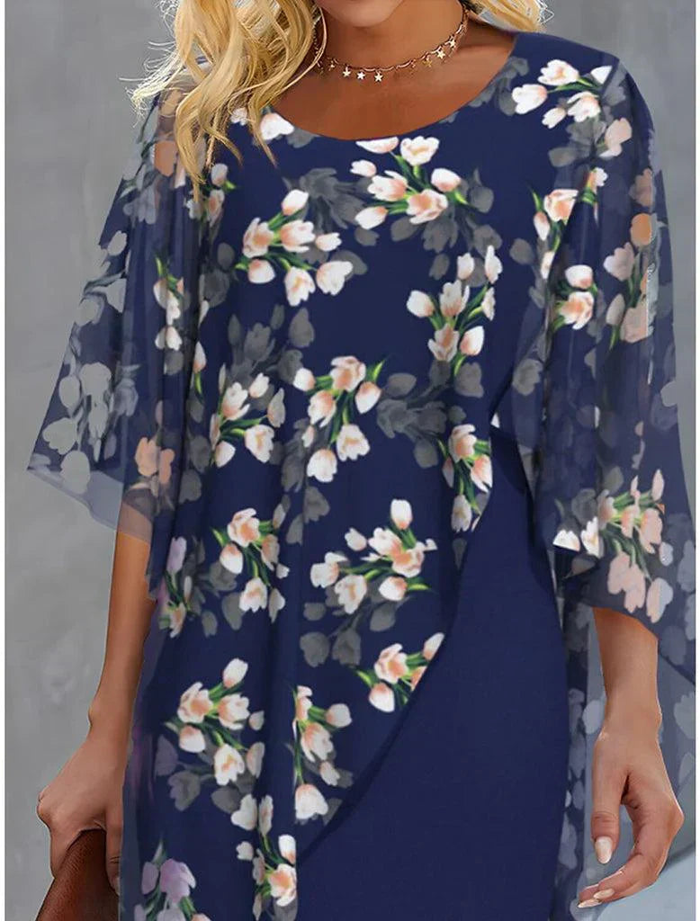 Midi Dress with Floral Print and Cape Detail for women